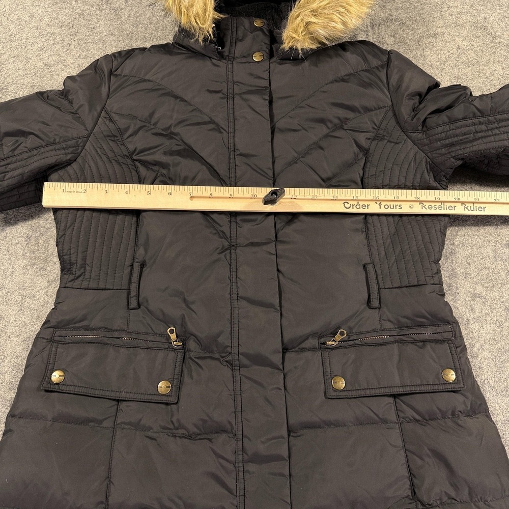 Larry Levine Jacket Womens Medium Black Long Puffer Down Coat Hood Faux Fur - Picture 5 of 10